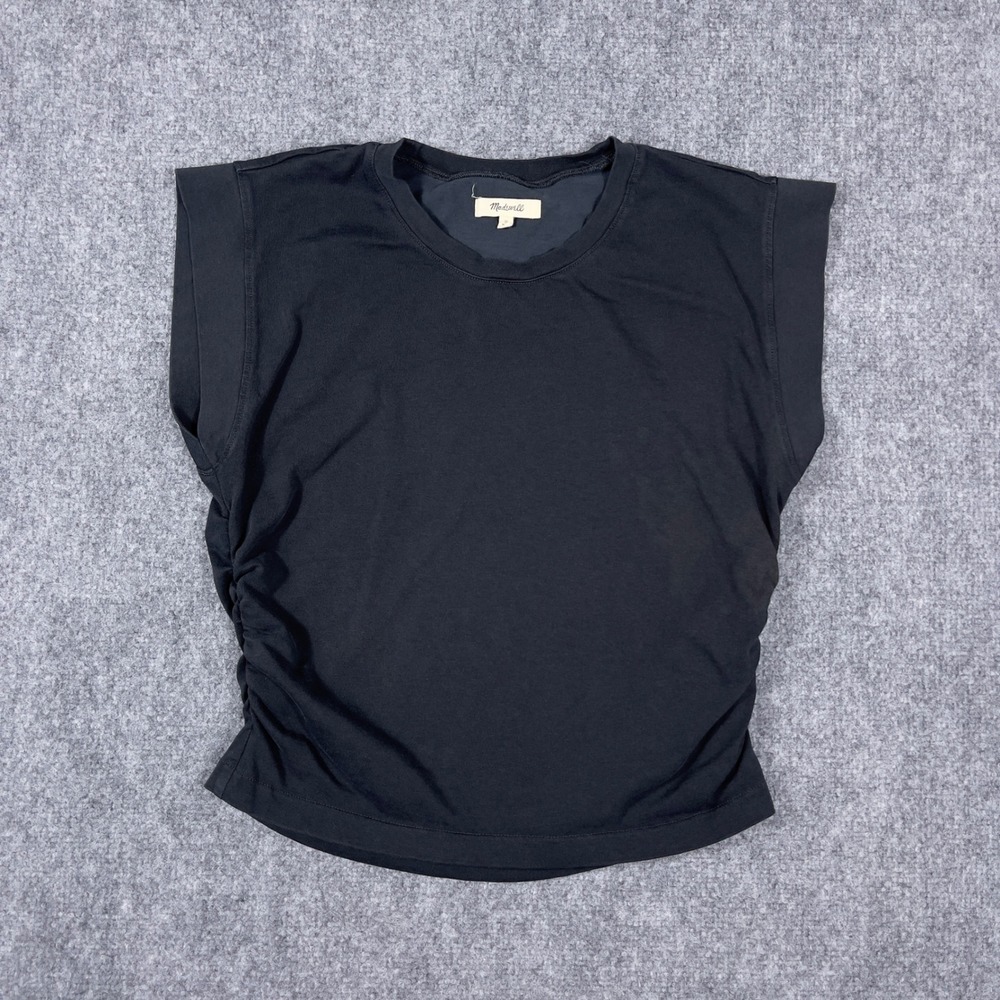 Madewell Muscle Tee Women Medium Black Ruched Side Cotton Tencel Sleeveless Top